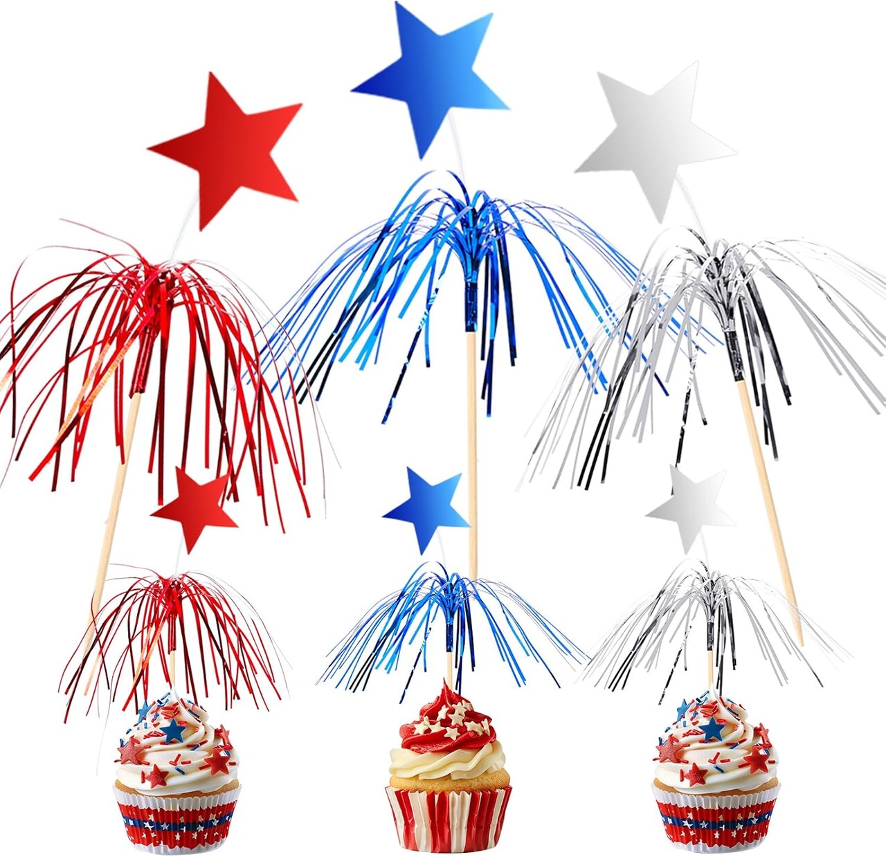 100 Pcs 4th of July Cocktail Picks - Patriotic Red, White & Blue Firework Food Picks with Star Toppers, Decorative Toothpicks for Independence Day Appetizers, Cupcakes & Drinks, Memorial Day Party Supplies
